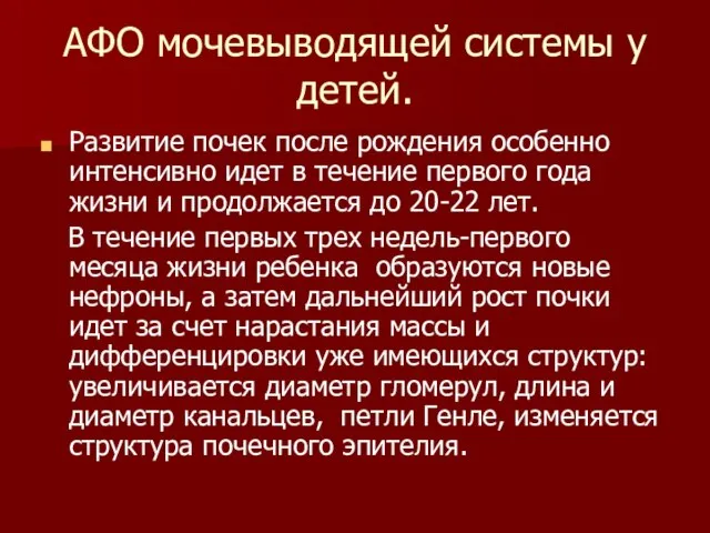 АФО мочевыводящей системы у детей. Развитие почек после рождения особенно интенсивно