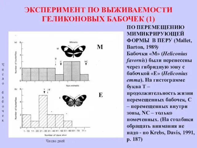 ЭКСПЕРИМЕНТ ПО ВЫЖИВАЕМОСТИ ГЕЛИКОНОВЫХ БАБОЧЕК (1) Число дней ПО ПЕРЕМЕЩЕНИЮ МИМИКРИРУЮЩЕЙ