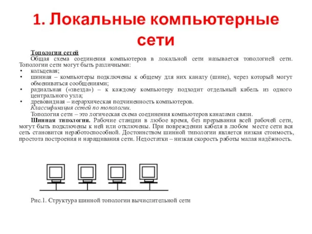 1. Локальные компьютерные сети Топологии сетей Общая схема соединения компьютеров в