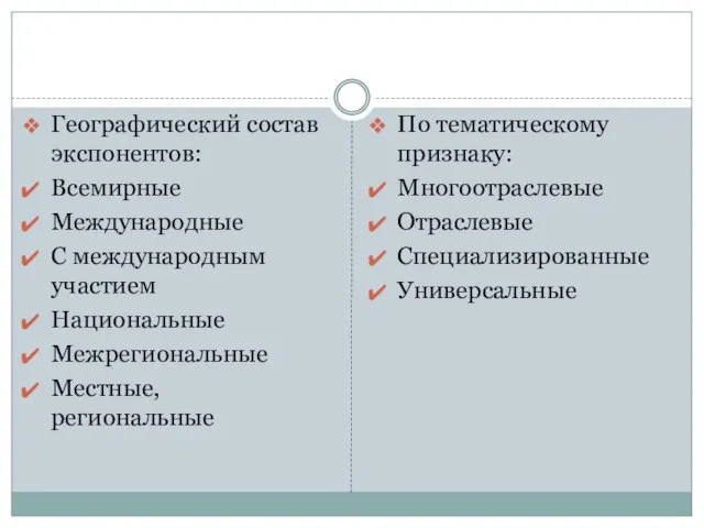 Географический состав экспонентов: Всемирные Международные С международным участием Национальные Межрегиональные Местные,