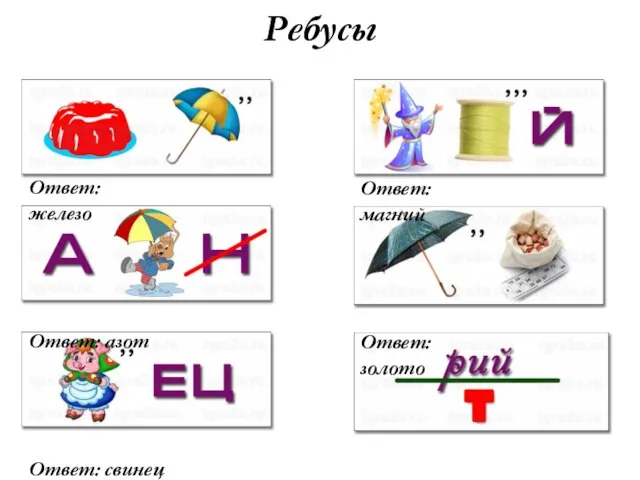 Ребусы Ответ: железо Ответ: азот Ответ: свинец Ответ: магний Ответ: золото Ответ: натрий