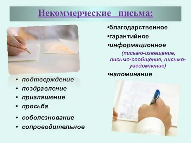 Некоммерческие письма: подтверждение поздравление приглашение просьба соболезнование сопроводительное благодарственное гарантийное информационное (письмо-извещение, письмо-сообщение, письмо-уведомление) напоминание