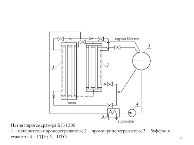 Петля парогенератора БН-1200 1 – испаритель-пароперегреватель; 2 – промпароперегреватель; 3 –