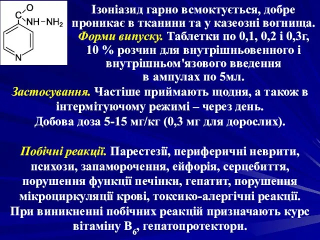 Ізоніазид гарно всмоктується, добре проникає в тканини та у казеозні вогнища.