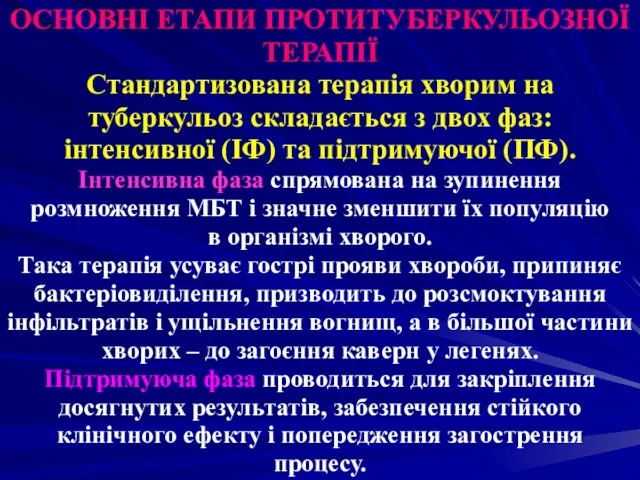 ОСНОВНІ ЕТАПИ ПРОТИТУБЕРКУЛЬОЗНОЇ ТЕРАПІЇ Стандартизована терапія хворим на туберкульоз складається з