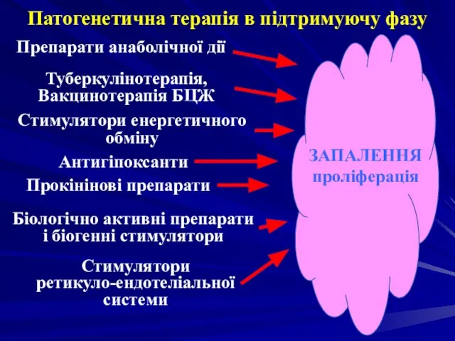 Патогенетична терапія в підтримуючу фазу ЗАПАЛЕННЯ проліферація Туберкулінотерапія, Вакцинотерапія БЦЖ Стимулятори