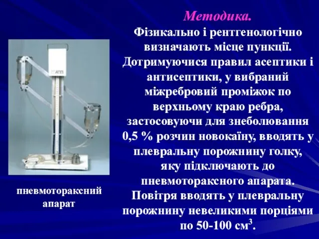 Методика. Фізикально і рентгенологічно визначають місце пункції. Дотримуючися правил асептики і