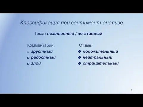 Классификация при сентимент-анализе Текст: позитивный / негативный Комментарий: грустный радостный злой Отзыв: положительный нейтральный отрицательный