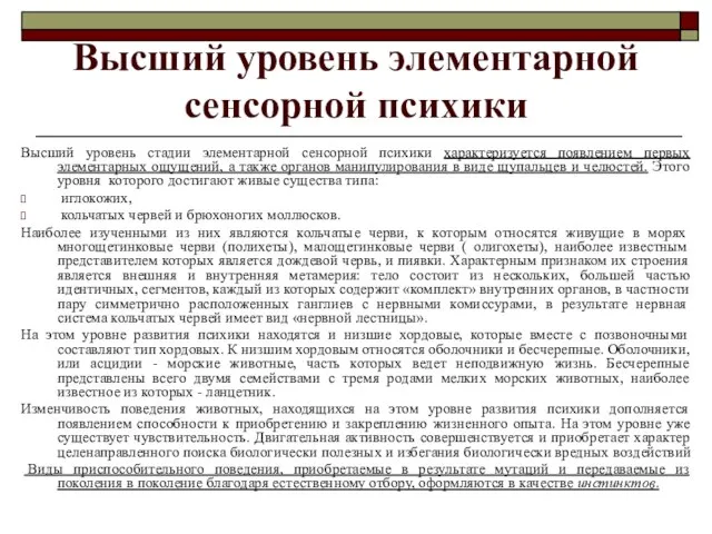 Высший уровень элементарной сенсорной психики Высший уровень стадии элементарной сенсорной психики