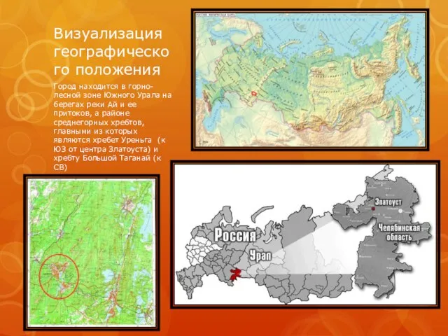 Визуализация географического положения Город находится в горно-лесной зоне Южного Урала на