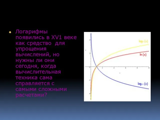 Логарифмы появились в ХV1 веке как средство для упрощения вычислений, но