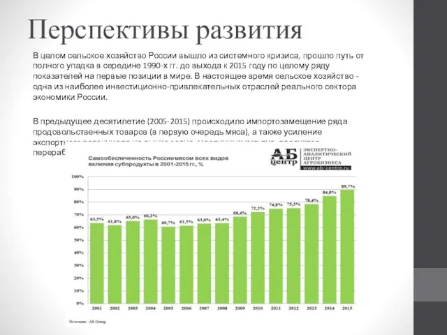 Перспективы развития В целом сельское хозяйство России вышло из системного кризиса,