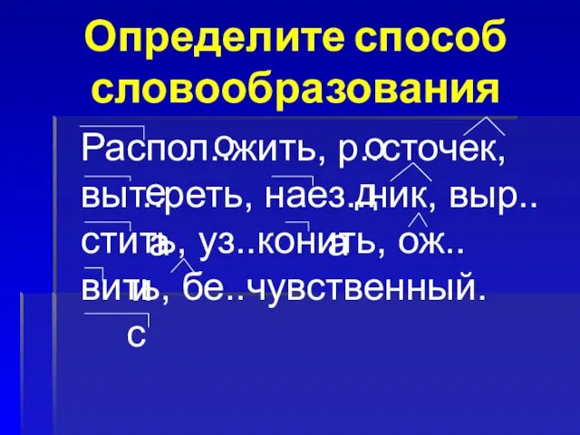 Определите способ словообразования Распол..жить, р..сточек, выт..реть, наез..ник, выр..стить, уз..конить, ож..вить, бе..чувственный.