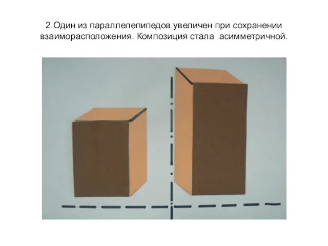 2.Один из параллелепипедов увеличен при сохранении взаиморасположения. Композиция стала асимметричной.