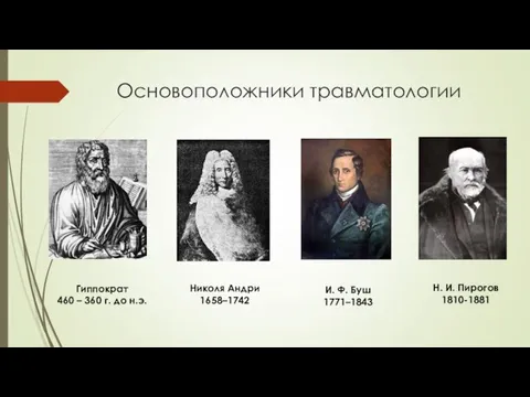Николя Андри 1658–1742 Н. И. Пирогов 1810-1881 Основоположники травматологии Гиппократ 460