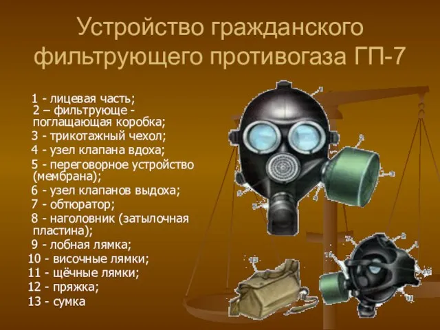 Устройство гражданского фильтрующего противогаза ГП-7 1 - лицевая часть; 2 –