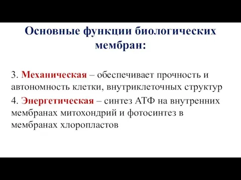 Основные функции биологических мембран: 3. Механическая – обеспечивает прочность и автономность