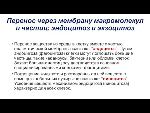 Перенос через мембрану макромолекул и частиц: эндоцитоз и экзоцитоз Перенос вещества