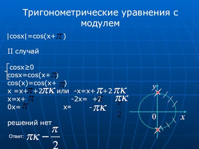 Тригонометрические уравнения с модулем |cosx|=cos(x+ ) II cлучай cosx≥0 cosx=cos(x+ )