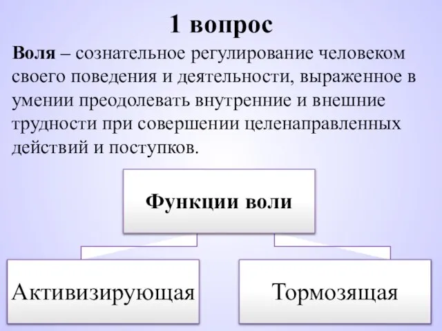 1 вопрос Воля – сознательное регулирование человеком своего поведения и деятельности,