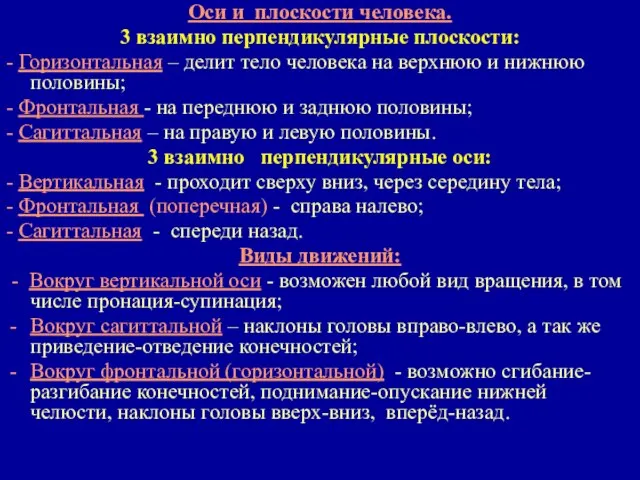 Оси и плоскости человека. 3 взаимно перпендикулярные плоскости: - Горизонтальная –