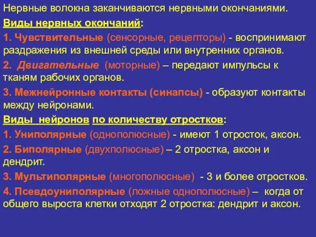 Нервные волокна заканчиваются нервными окончаниями. Виды нервных окончаний: 1. Чувствительные (сенсорные,