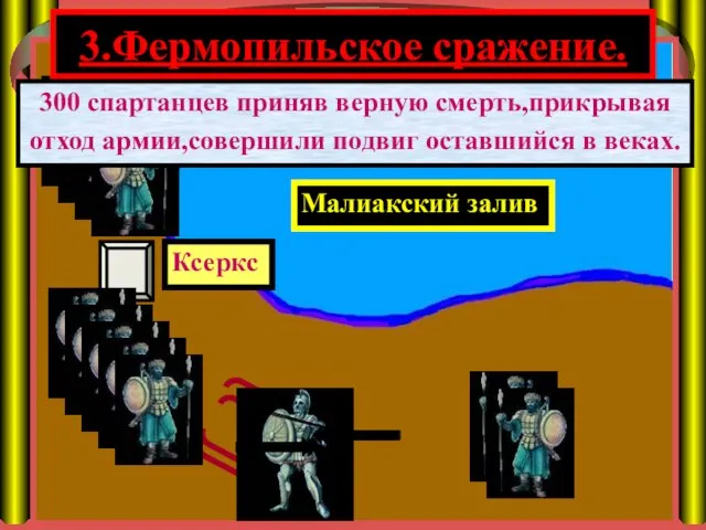 3.Фермопильское сражение. Малиакский залив Ксеркс 300 спартанцев приняв верную смерть,прикрывая отход армии,совершили подвиг оставшийся в веках.