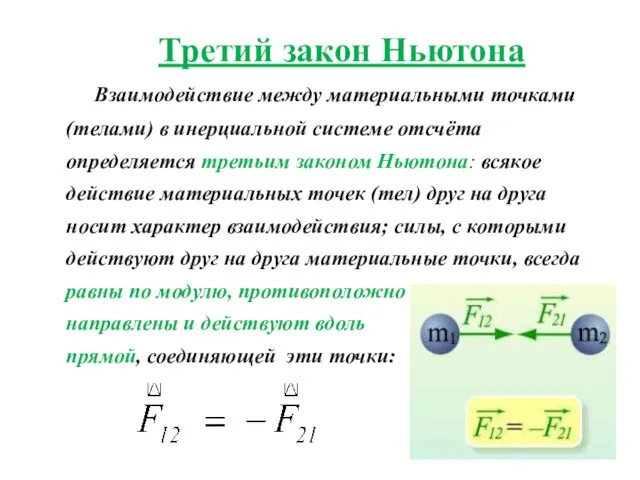 Третий закон Ньютона Взаимодействие между материальными точками (телами) в инерциальной системе