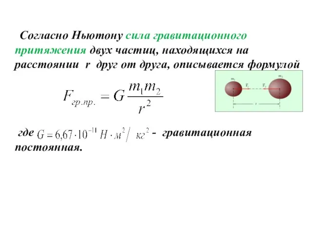 Согласно Ньютону сила гравитационного притяжения двух частиц, находящихся на расстоянии r