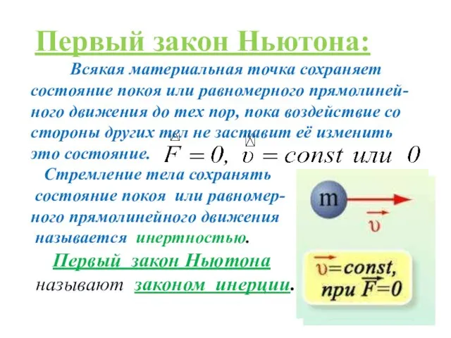 Первый закон Ньютона: Всякая материальная точка сохраняет состояние покоя или равномерного