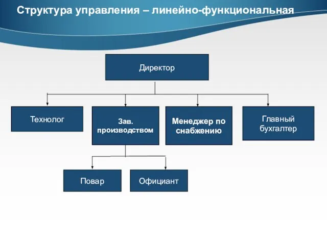 Структура управления – линейно-функциональная Директор Технолог Зав. производством Менеджер по снабжению Главный бухгалтер Повар Официант