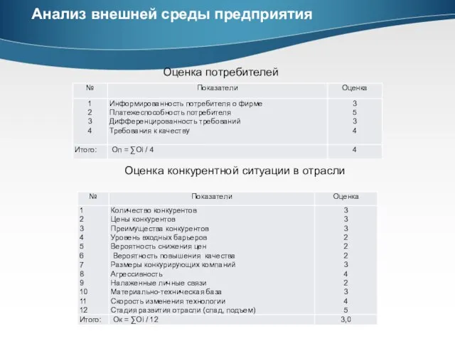 Анализ внешней среды предприятия Оценка потребителей Оценка конкурентной ситуации в отрасли