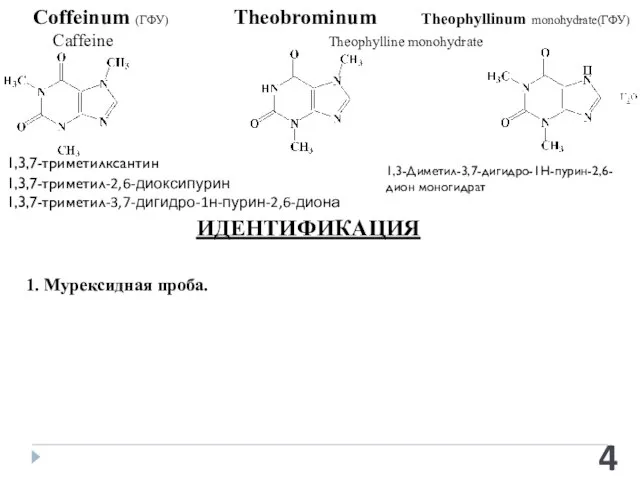 Coffeinum (ГФУ) Theobrominum Theophyllinum monohydrate(ГФУ) Caffeine Theophylline monohydrate 1,3,7-триметилксантин 1,3,7-триметил-2,6-диоксипурин 1,3,7-триметил-3,7-дигидро-1н-пурин-2,6-диона