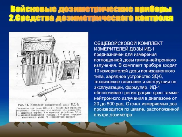 Войсковые дозиметрические приборы 2.Средства дозиметрического контроля ОБЩЕВОЙСКОВОЙ КОМПЛЕКТ ИЗМЕРИТЕЛЕЙ ДОЗЫ ИД-1