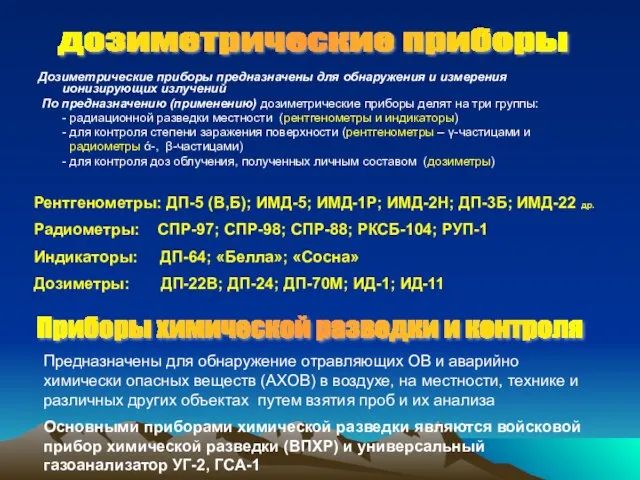 Дозиметрические приборы предназначены для обнаружения и измерения ионизирующих излучений По предназначению