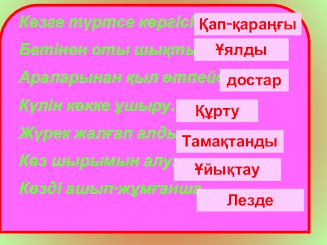 Көзге түртсе көргісіз. Бетінен оты шықты. Араларынан қыл өтпейді. Күлін көкке