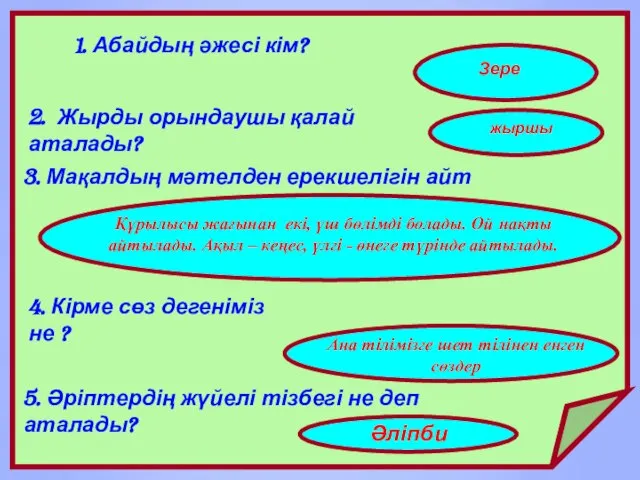 1. Абайдың әжесі кім? Зере 2. Жырды орындаушы қалай аталады? жыршы