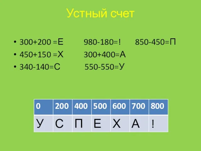 Устный счет 300+200 =Е 980-180=! 850-450=П 450+150 =Х 300+400=А 340-140=С 550-550=У