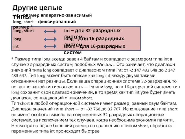 Другие целые типы long, short int – для 32-разрядных систем int