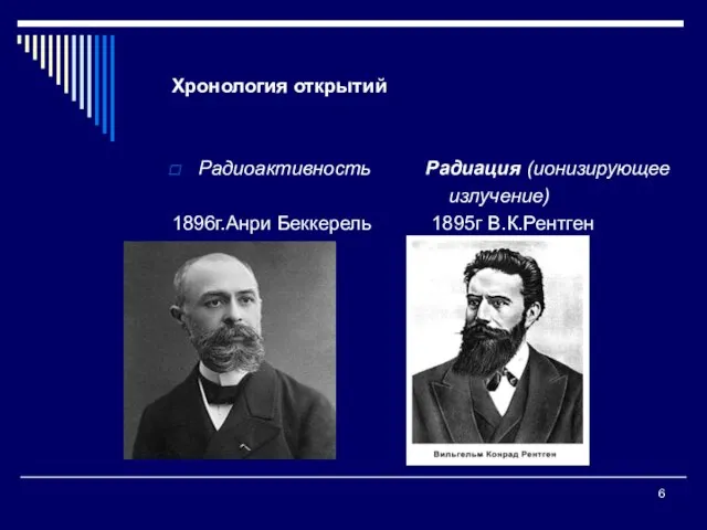 Хронология открытий Радиоактивность Радиация (ионизирующее излучение) 1896г.Анри Беккерель 1895г В.К.Рентген