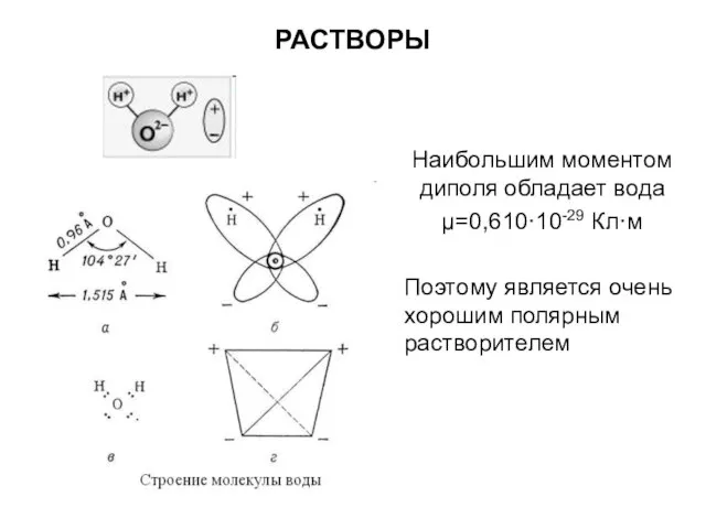 РАСТВОРЫ Наибольшим моментом диполя обладает вода μ=0,610·10-29 Кл·м Поэтому является очень хорошим полярным растворителем