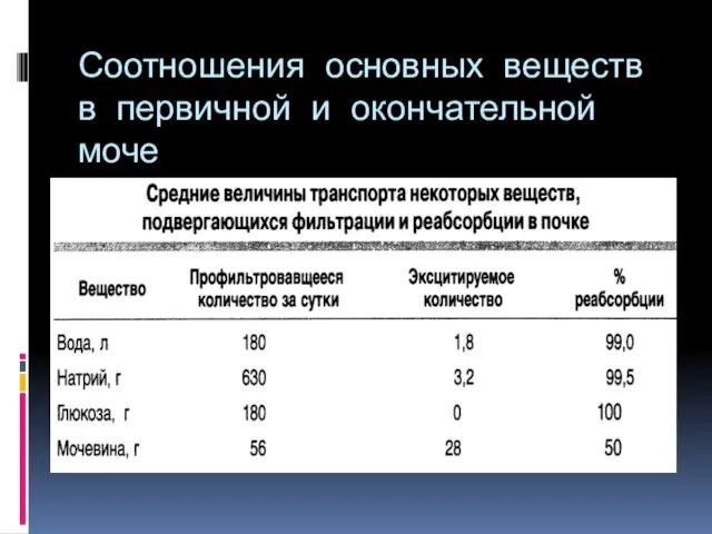 Соотношения основных веществ в первичной и окончательной моче