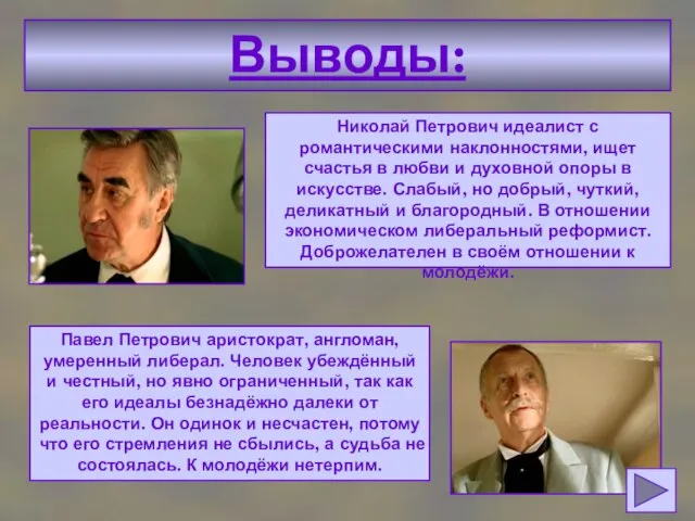 Выводы: Николай Петрович идеалист с романтическими наклонностями, ищет счастья в любви