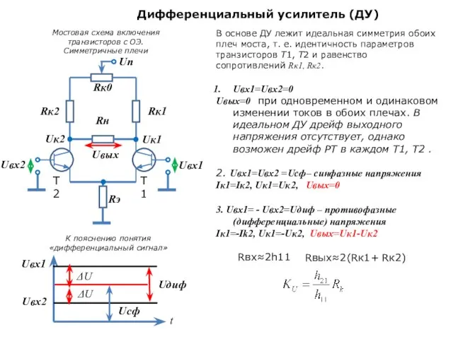 Дифференциальный усилитель (ДУ) Мостовая схема включения транзисторов с ОЭ. Симметричные плечи