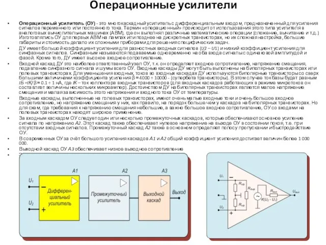 Операционные усилители Операционный усилитель (ОУ) - это многокаскадный усилитель с дифференциальным