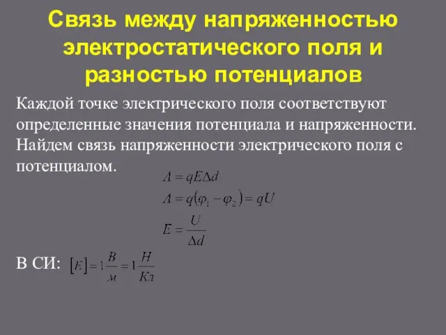 Связь между напряженностью электростатического поля и разностью потенциалов Каждой точке электрического