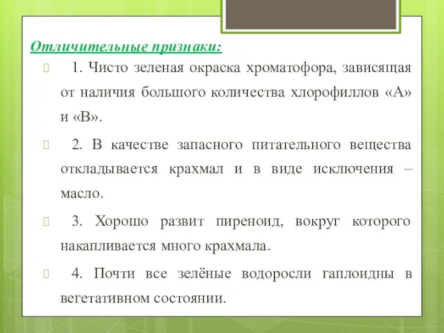 Отличительные признаки: 1. Чисто зеленая окраска хроматофора, зависящая от наличия большого