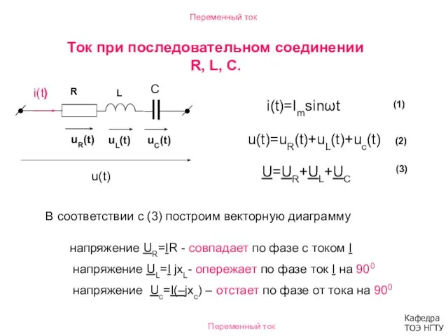 Переменный ток Ток при последовательном соединении R, L, C. i(t)=Imsinωt u(t)=uR(t)+uL(t)+uc(t)