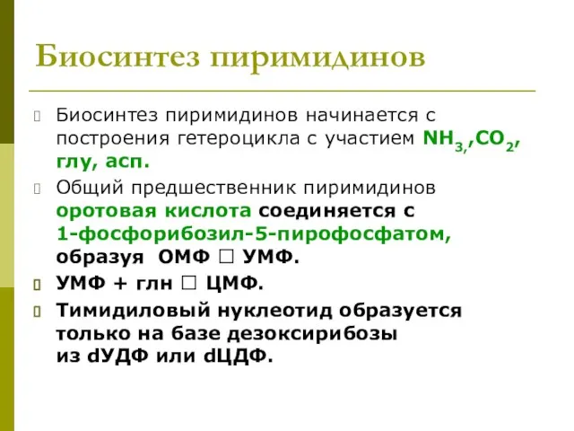 Биосинтез пиримидинов Биосинтез пиримидинов начинается с построения гетероцикла с участием NH3,,СО2,глу,