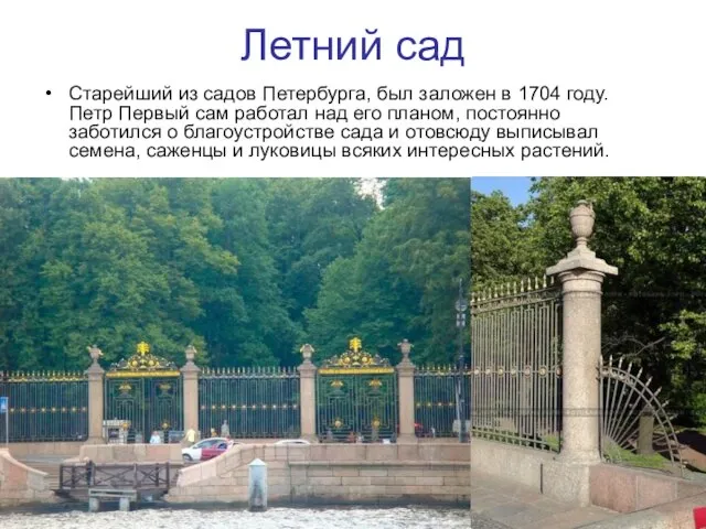 Летний сад Старейший из садов Петербурга, был заложен в 1704 году.